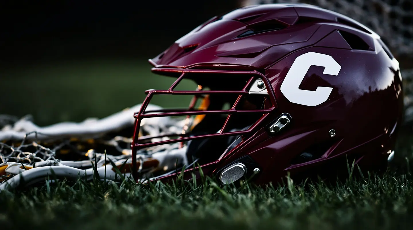 Red lacrosse helmet in the grass