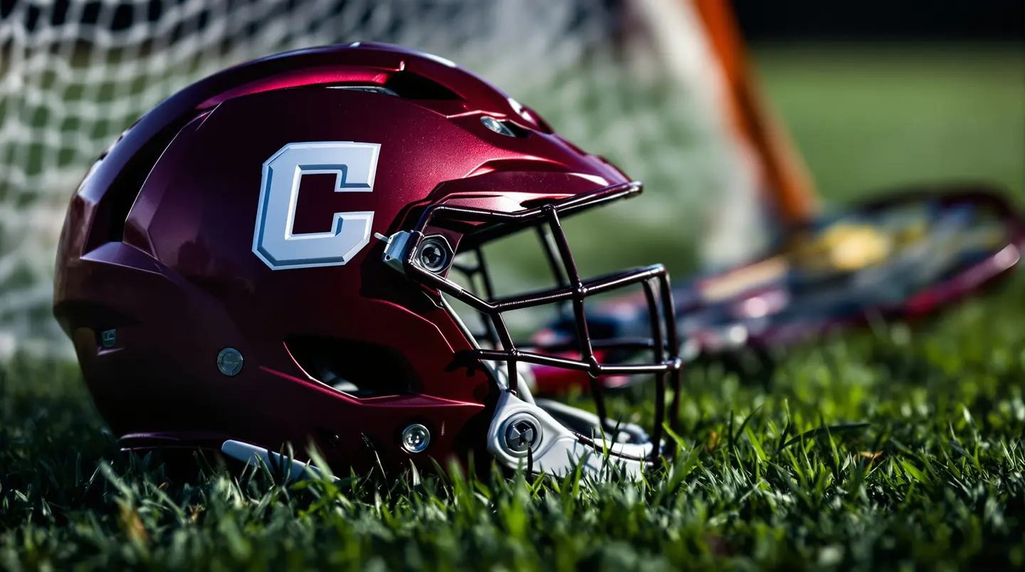 Red lacrosse helmet in the grass